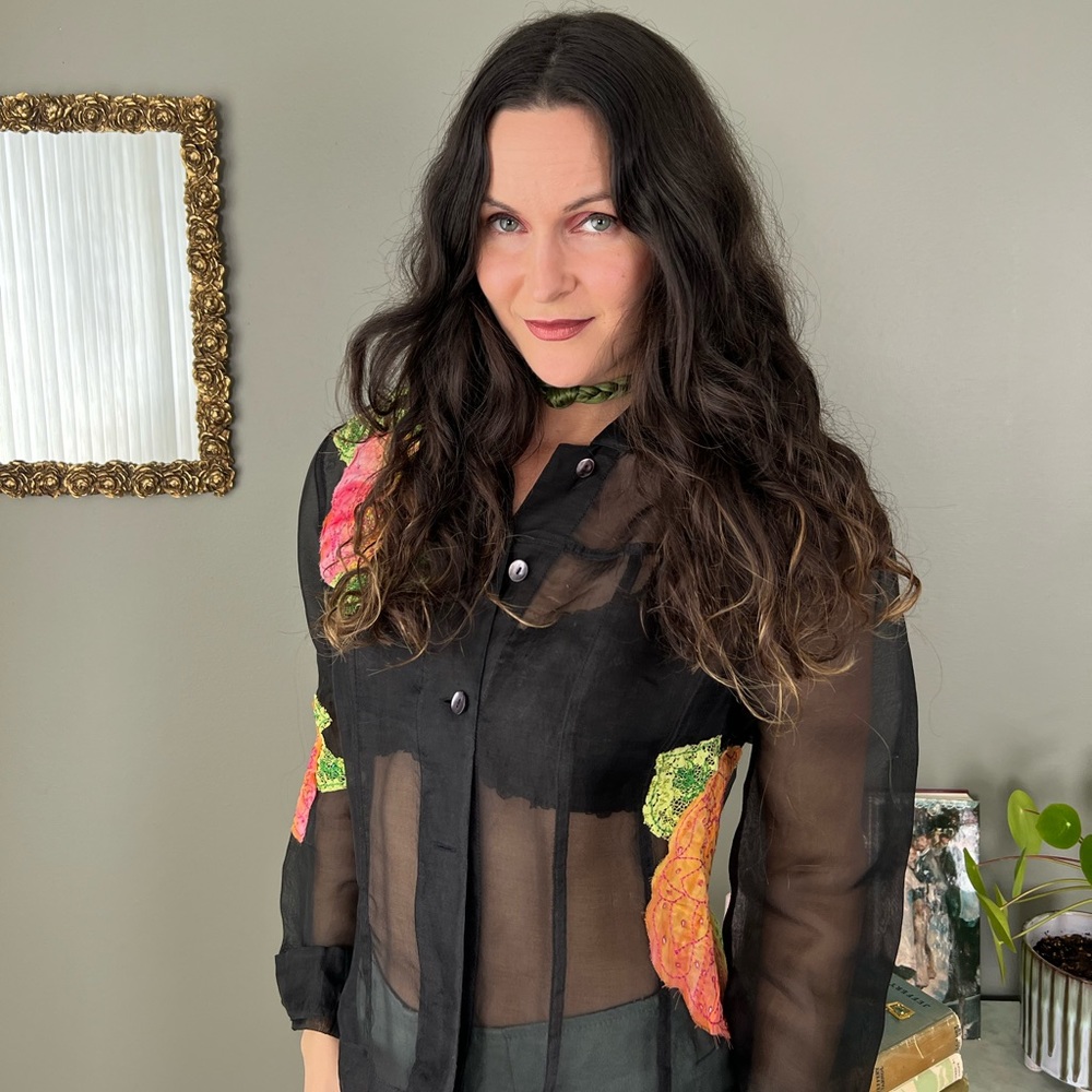 Vintage Black Sheer Button Down Blouse ~ floral Embroidery ~ Stephanie Thomas